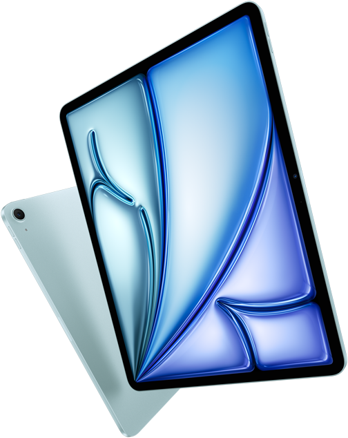 Vista frontal en ángulo de un iPad Air de 13 pulgadas que muestra una pantalla colorida, iPad Air de 11 pulgadas con vista posterior y cámara trasera gran angular de 12 MP