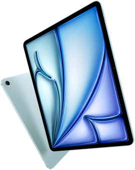 Vista frontal en ángulo de un iPad Air de 13 pulgadas que muestra una pantalla colorida, iPad Air de 11 pulgadas con vista posterior y cámara trasera gran angular de 12 MP