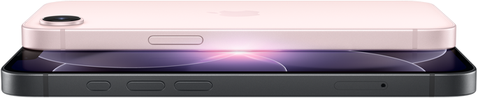 iPhone 17e, partes lateral y posterior en horizontal, color rosa pálido, iPhone 17e, partes lateral y frontal en horizontal, color negro