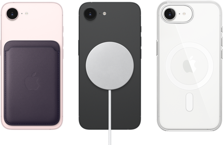 iPhone 17e, parte posterior, color rosa pálido, cartera de FineWoven con MagSafe acoplado, iPhone 17e, parte posterior, color negro, cargador MagSafe acoplado, iPhone 17e, parte posterior, color blanco, funda transparente con MagSafe acoplado