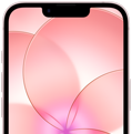 iPhone 17e, vista parcial de la parte frontal con Ceramic Shield 2, color rosa pálido, el fondo de pantalla muestra la imagen de una flor rosa