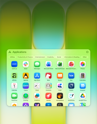 Pantalla de una MacBook Neo con la ventana Apps que contiene una gran variedad de apps