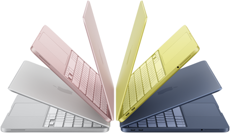 Laptops MacBook Neo en los colores plata, rosa rubor, amarillo cítrico e índigo, levemente abiertas y dispuestas en forma de arco