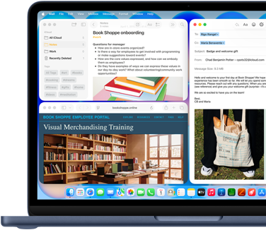 MacBook Neo, color índigo, la pantalla muestra un email de bienvenida para alguien que empezó a trabajar recién en una librería, unas ventanas en mosaico contienen un archivo de Notas sobre la incorporación y el sitio web del portal para empleados de la librería en Safari