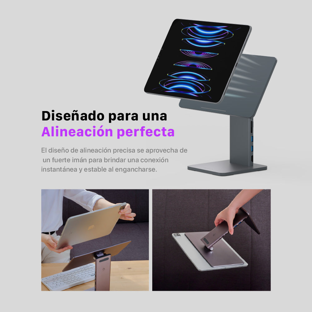 Soporte magnético (adaptador integrado) 8-en-1 Mag M Pro de USB-C a HDMI/USB-A/USB-C/Lector de tarjeta SD/microSD para iPad Pro 12.9" de Adam Elements - Gris espacial
