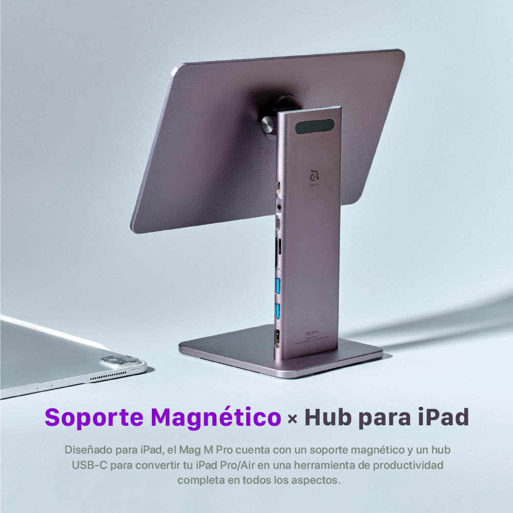 Soporte magnético (adaptador integrado) 8-en-1 Mag M Pro de USB-C a HDMI/USB-A/USB-C/Lector de tarjeta SD/microSD para iPad Pro 11" de Adam Elements - Gris espacial