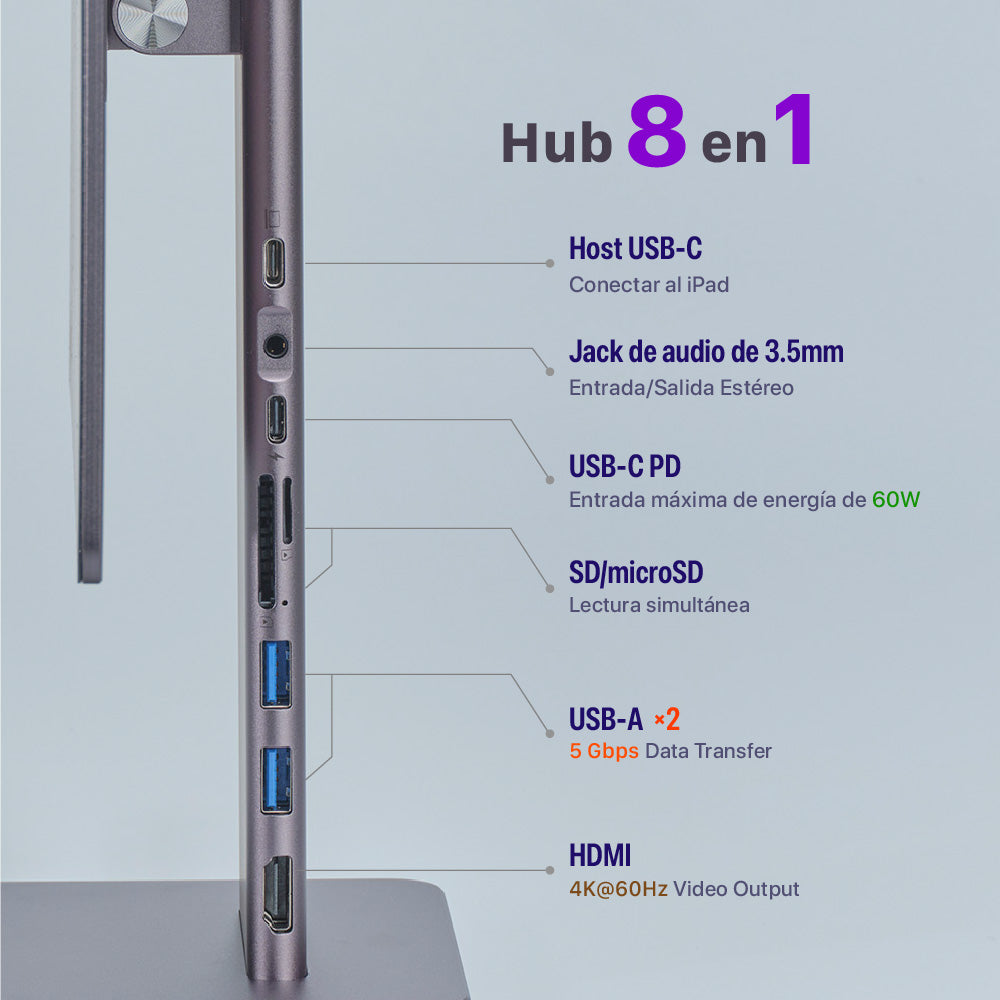 Soporte magnético (adaptador integrado) 8-en-1 Mag M Pro de USB-C a HDMI/USB-A/USB-C/Lector de tarjeta SD/microSD para iPad Pro 11" de Adam Elements - Gris espacial