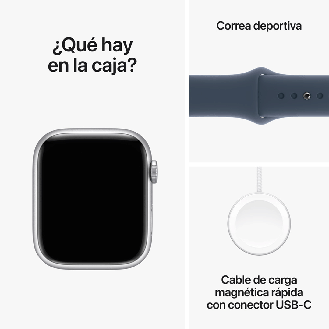 Apple Watch Series 9 GPS - 45mm - Caja de Aluminio Plata con Banda Deportiva Azul Tormenta - S/M