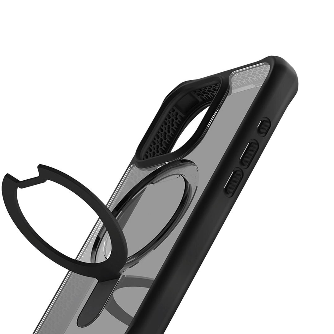 ItSkins Hybrid R Stand Funda con MagSafe para iPhone 15 Pro Max - Negro/Transparente