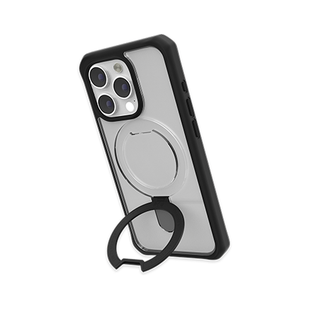 ItSkins Hybrid R Stand Funda con MagSafe para iPhone 15 - Negro/Transparente