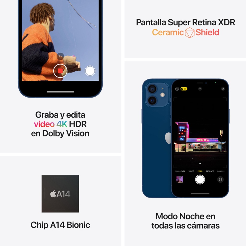 Montaje con distintas características del iPhone 12: grabación y edición de video 4K HDR en Dolby Vision, pantalla Super Retina XDR con Ceramic Shield, chip A14 Bionic y modo Noche en todas las cámaras.