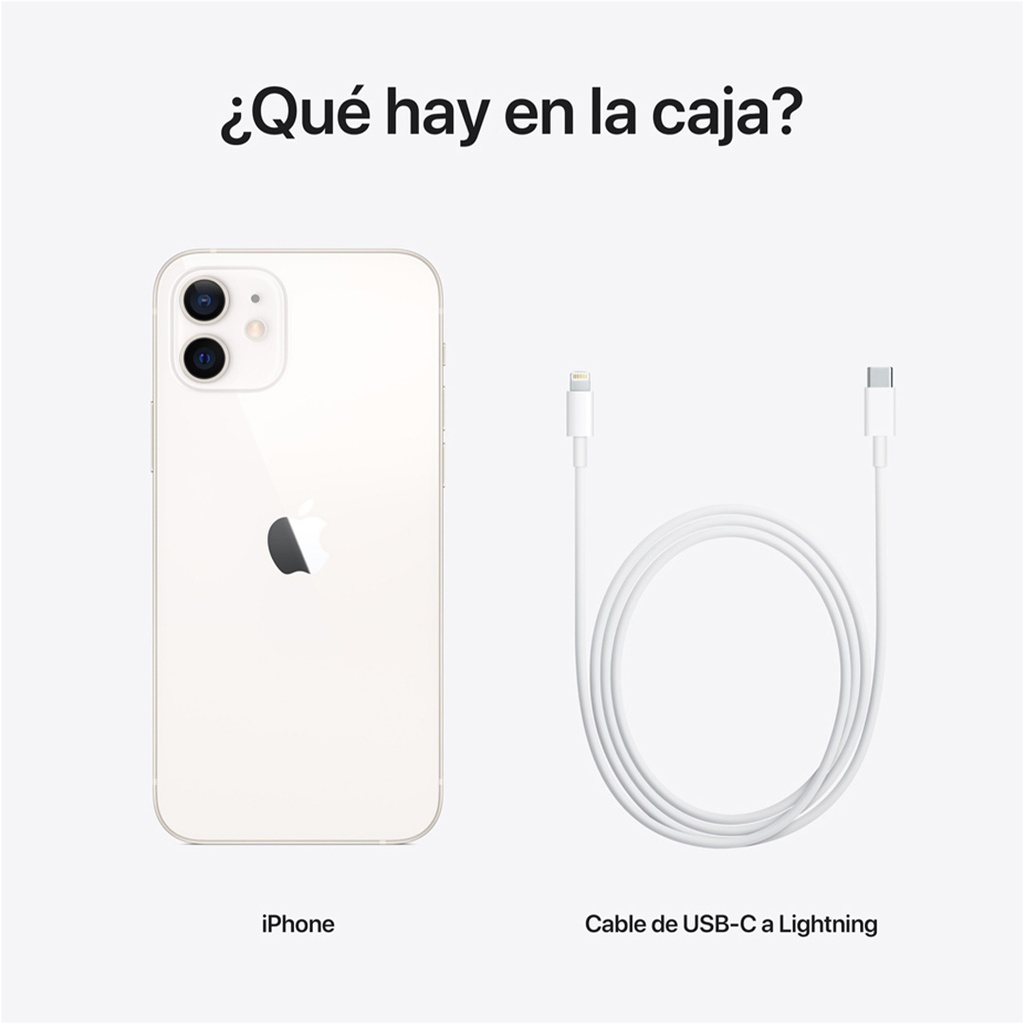 Contenido de la caja del iPhone 12 en color blanco. Se incluye el dispositivo y un cable USB-C a Lightning. No se incluyen adaptador de corriente ni auriculares.