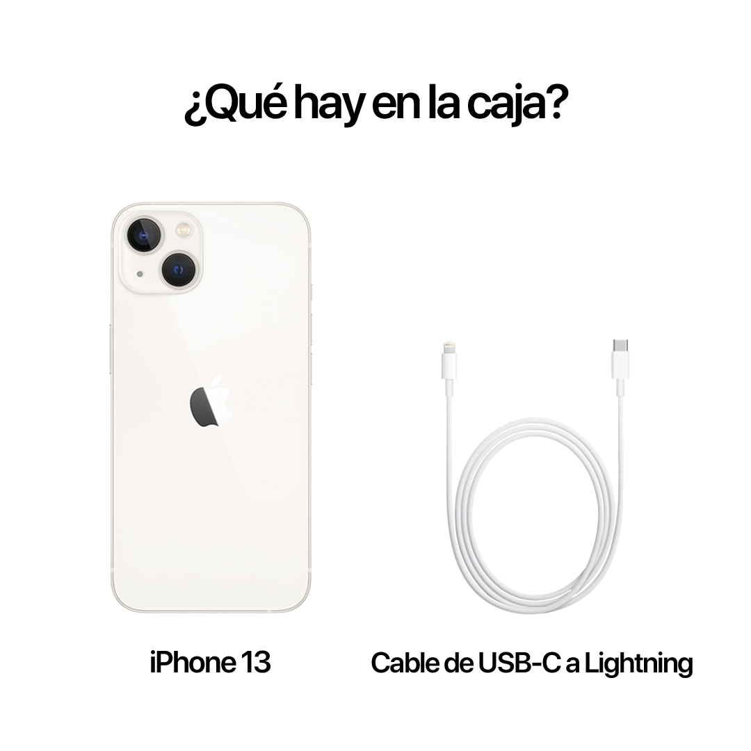 Contenido de la caja del iPhone 13 en color blanco estelar. Incluye el dispositivo y un cable de USB-C a Lightning. No se incluyen cargador ni auriculares.