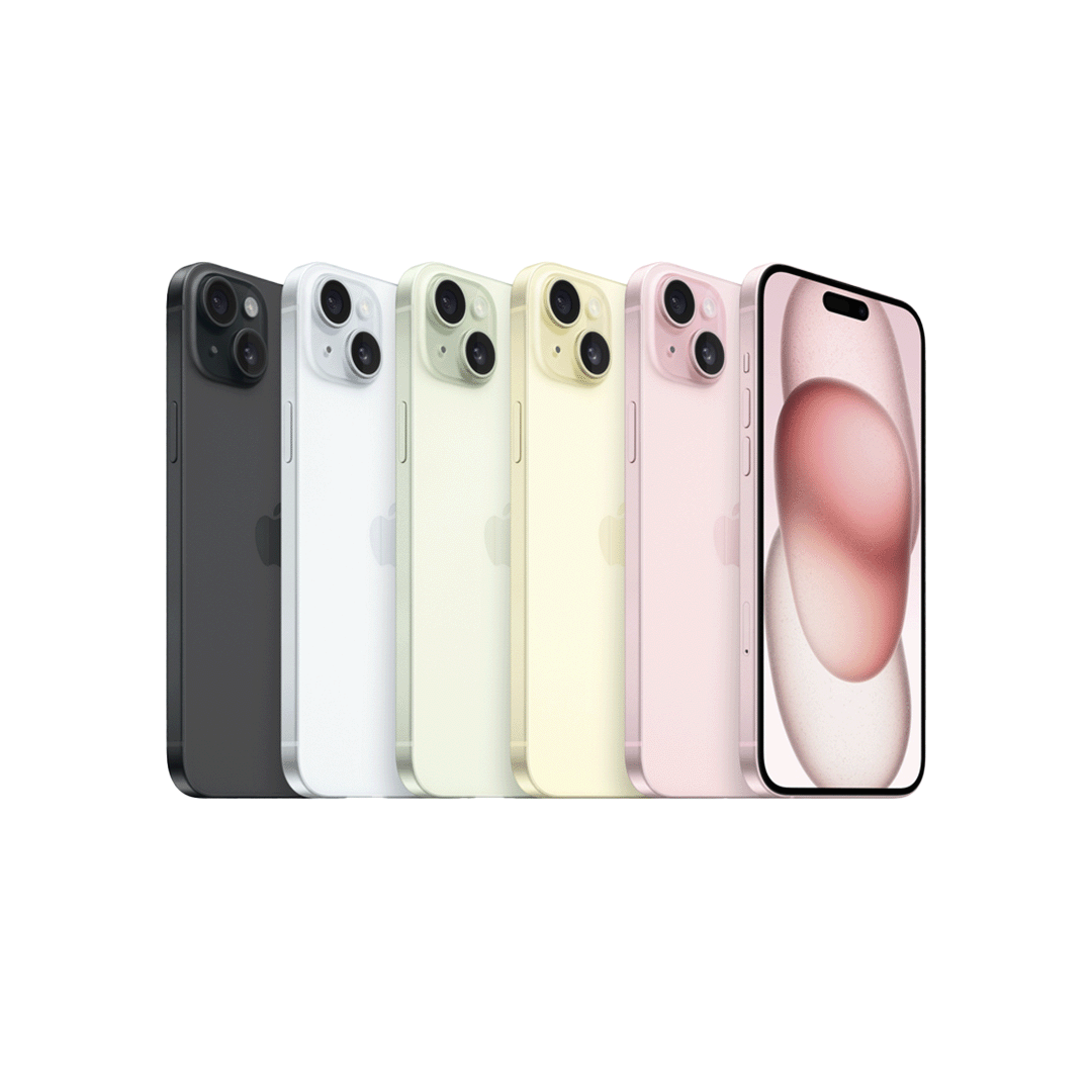 Imagen de cinco iPhone 15 Plus dispuestos en abanico mostrando sus colores: negro, azul, verde, amarillo y rosa. El último equipo presenta la pantalla encendida con fondo dinámico.