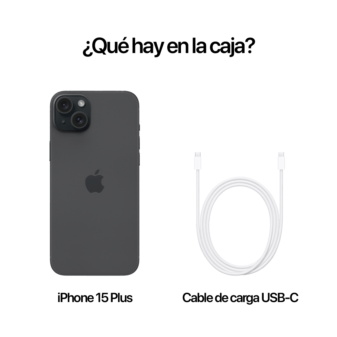 Contenido de la caja del iPhone 15 Plus en color negro. Incluye el dispositivo y un cable de carga trenzado USB-C. No se incluye cargador ni auriculares.
