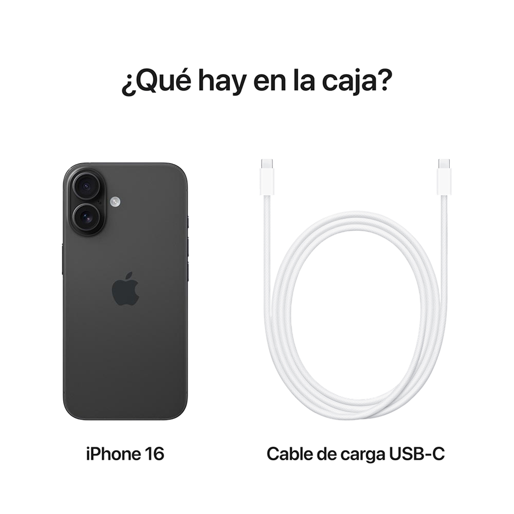Imagen del iPhone 16 en color negro junto a un cable de carga USB-C, con el texto "¿Qué hay en la caja?".