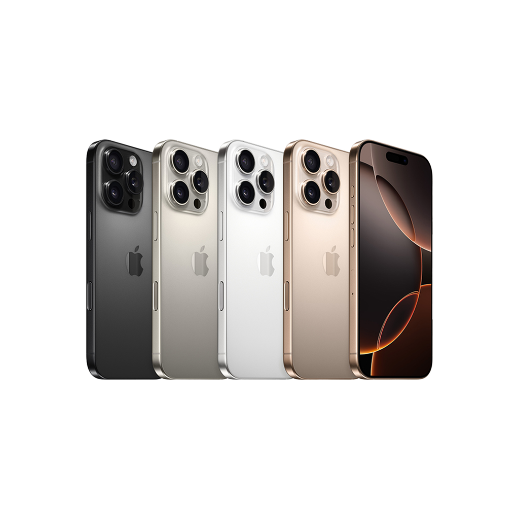 Cinco modelos de iPhone 16 Pro de pie, alineados en diagonal, mostrando la variedad de colores disponibles. De izquierda a derecha, los colores son: titanio negro, titanio natural, titanio blanco, titanio del desierto y uno con la pantalla encendida mostrando un fondo de pantalla con formas abstractas en tonos naranjas y marrones.