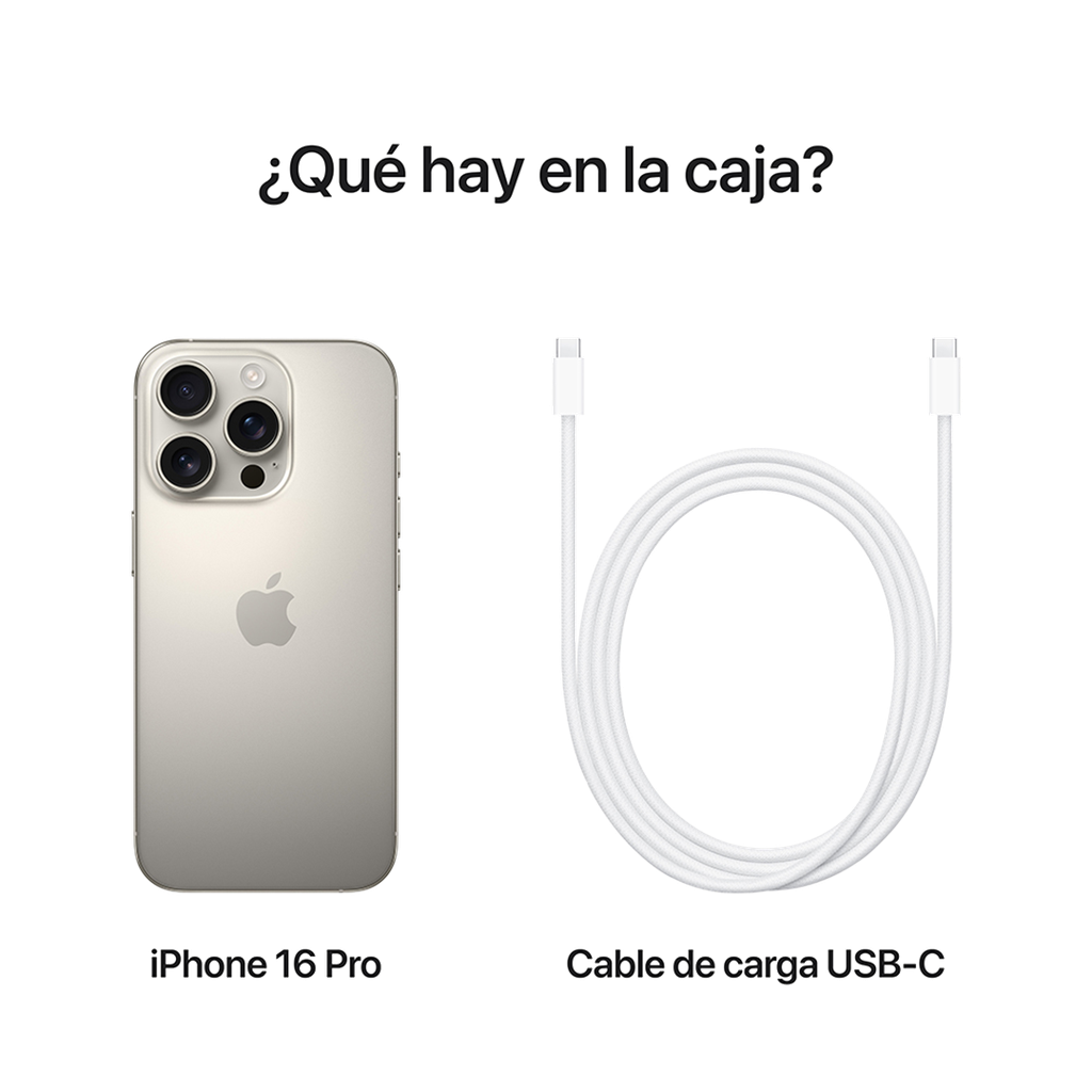Composición de dos paneles que muestran el contenido de la caja del iPhone 16 Pro.  Panel izquierdo: La parte trasera de un iPhone 16 Pro de color titanio natural, con el logotipo de Apple en el centro y el módulo de tres cámaras en la esquina superior izquierda. Abajo se lee 'iPhone 16 Pro'.  Panel derecho: Un cable de carga USB-C blanco, enrollado en un círculo con los dos conectores USB-C visibles. Abajo se lee 'Cable de carga USB-C'.