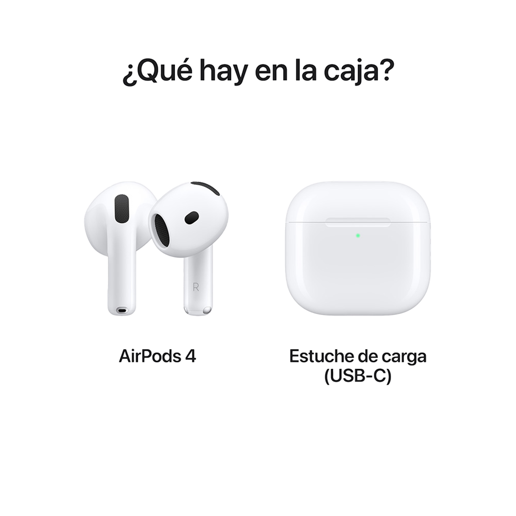 Disposición de producto de los AirPods 4. A la izquierda, se muestran los dos auriculares inalámbricos blancos AirPods 4, con sus tallos dirigidos hacia abajo y las almohadillas negras visibles. A la derecha, se encuentra el estuche de carga inalámbrica blanco, cerrado y con una luz indicadora verde encendida en el frente. En la parte superior de la imagen se lee '¿Qué hay en la caja?', y debajo de cada producto se especifica 'AirPods 4' y 'Estuche de carga inalámbrica (USB-C)'