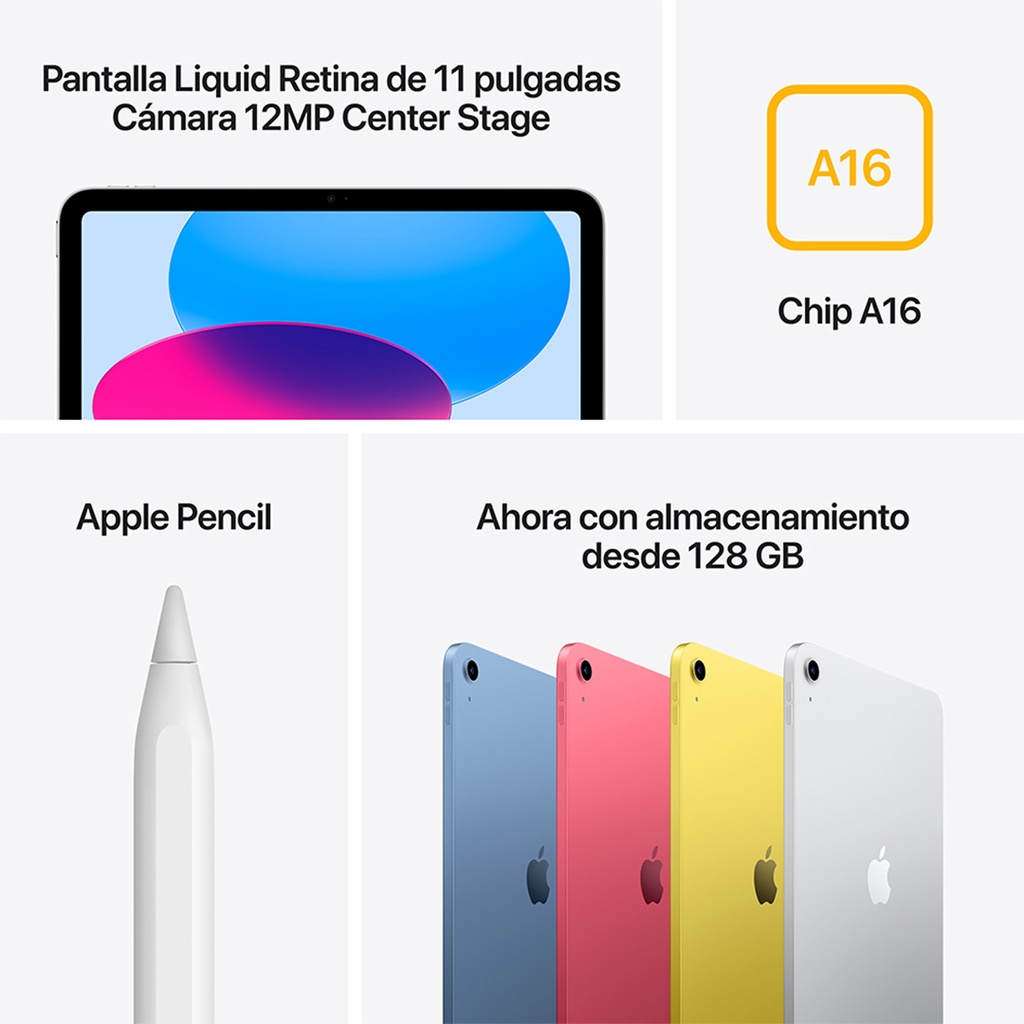 Collage que destaca las principales especificaciones del iPad: pantalla Liquid Retina de 11", cámara de 12 MP con Encuadre Centrado, chip A16, compatibilidad con Apple Pencil y opciones de almacenamiento desde 128 GB.