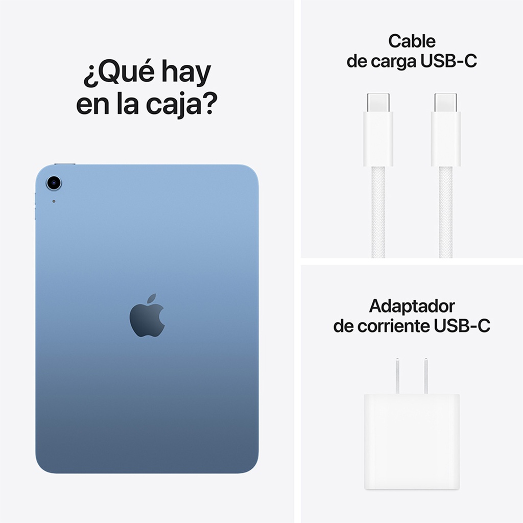 Vista trasera del iPad 11" en color azul, acompañado por un cable de carga USB-C y un adaptador de corriente USB-C.