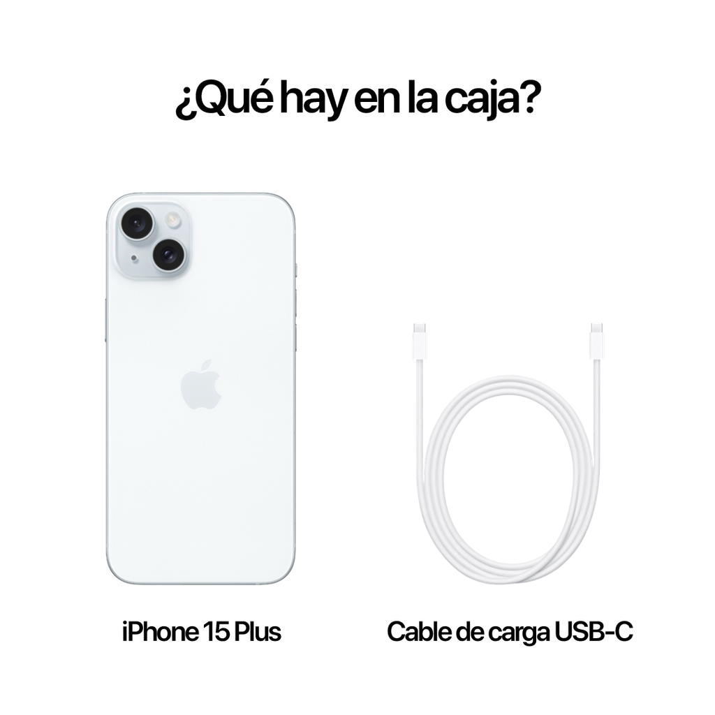 Contenido de la caja del iPhone 15 Plus en color azul. Incluye el dispositivo y un cable de carga trenzado USB-C. No se incluye cargador ni auriculares.