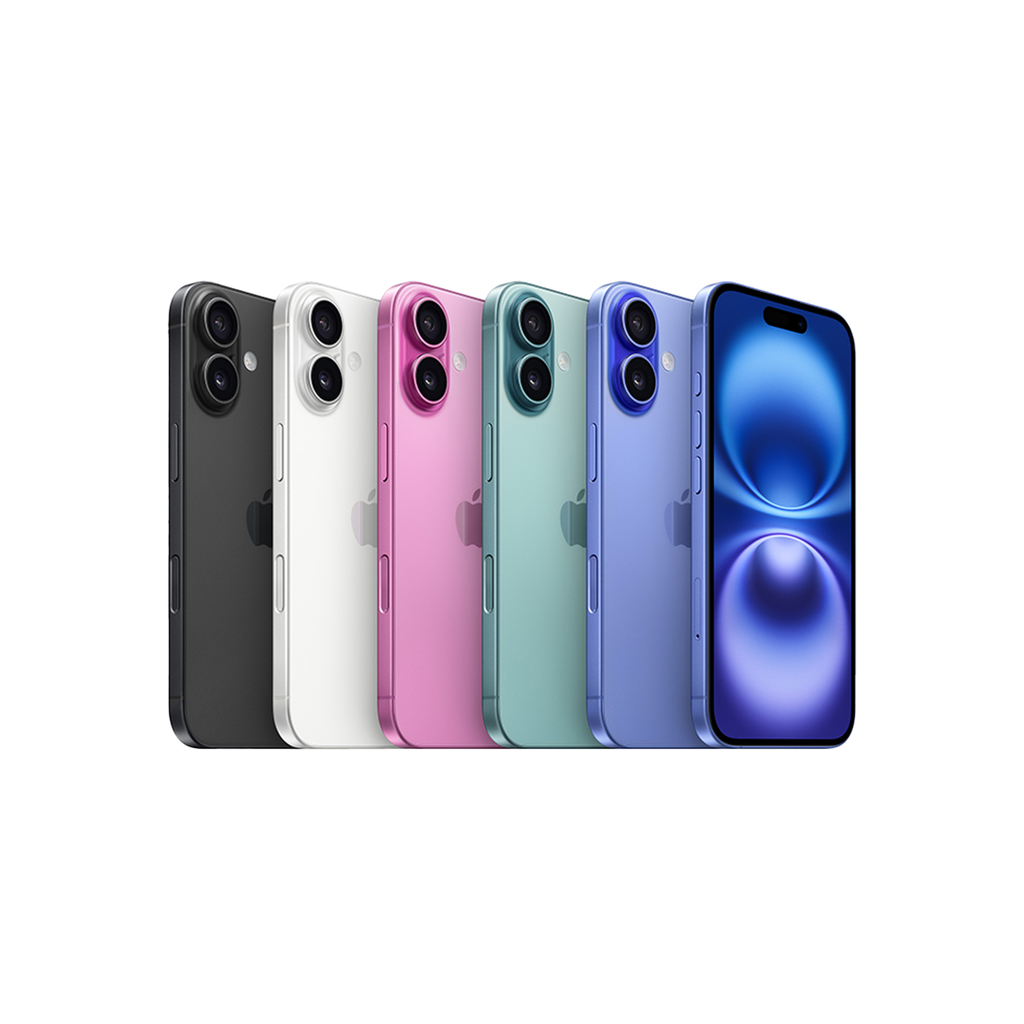 Vista trasera del iPhone 16 Plus alineado en cinco colores: negro, blanco, rosa, verde azulado y ultramarino, con uno de los equipos mostrando la pantalla encendida.