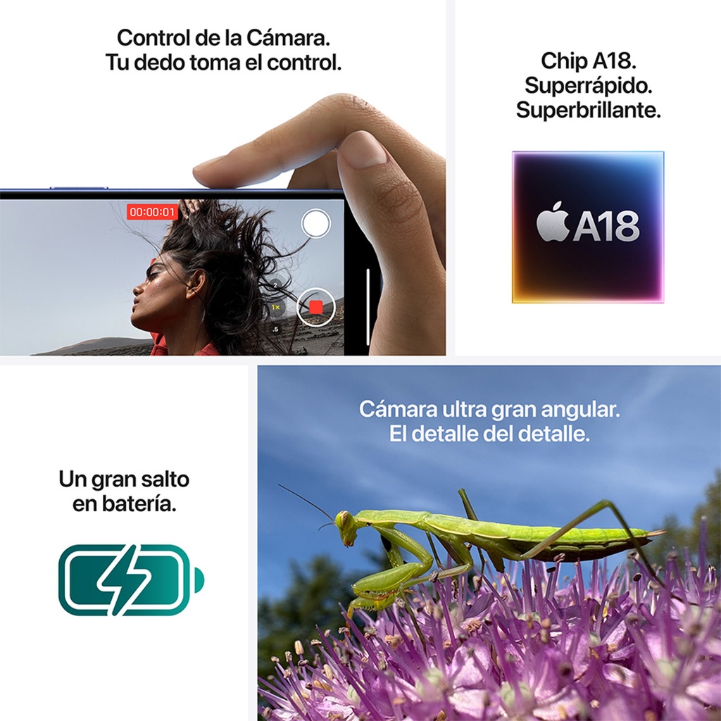 Collage de funciones del iPhone 16 Plus: grabación con control táctil, chip A18 Bionic, cámara ultra gran angular de 48 MP, conector USB-C, batería de larga duración y Dynamic Island.