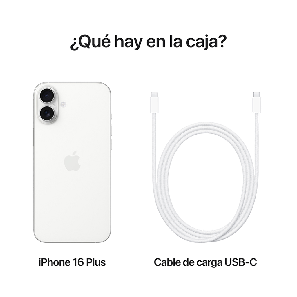 Imagen del iPhone 16 Plus en color blanco junto a un cable de carga USB-C, con el texto "¿Qué hay en la caja?".