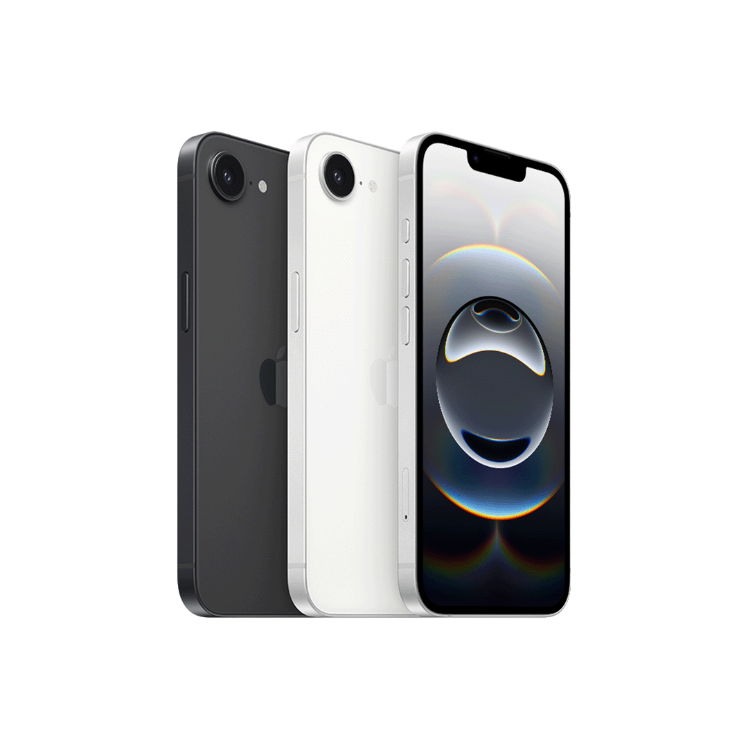 Vista de tres iPhone 16e en colores negro, blanco y la pantalla encendida mostrando la Dynamic Island. Los equipos están en posición levemente girada para mostrar frente, lateral y dorso.