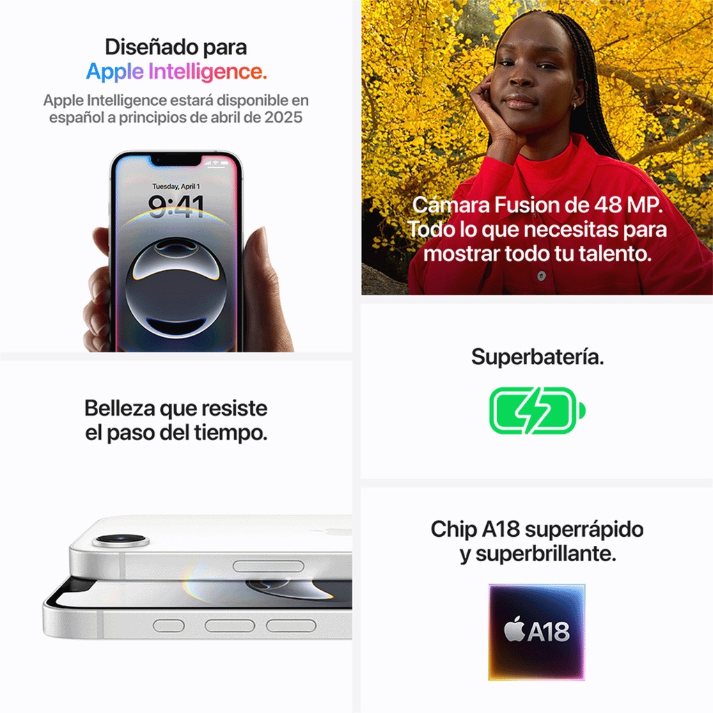 Collage informativo que destaca funciones del iPhone 16e: Apple Intelligence disponible en abril de 2025, cámara Fusion de 48 MP, chip A18, superbatería y diseño resistente con bordes planos.