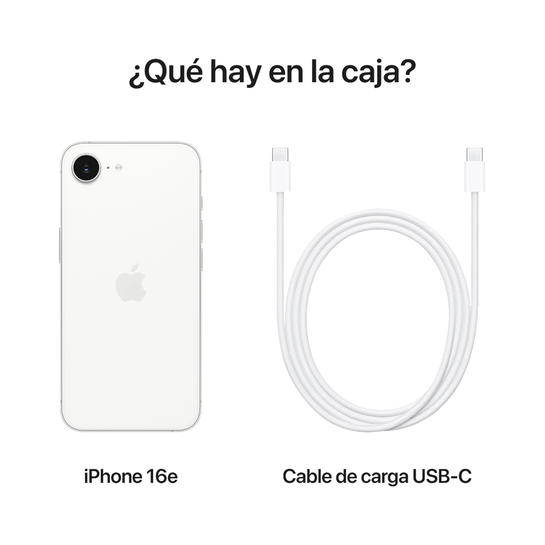 Vista trasera del iPhone 16e en color blanco, junto a un cable de carga USB-C blanco. Encabezado con la frase "¿Qué hay en la caja?"