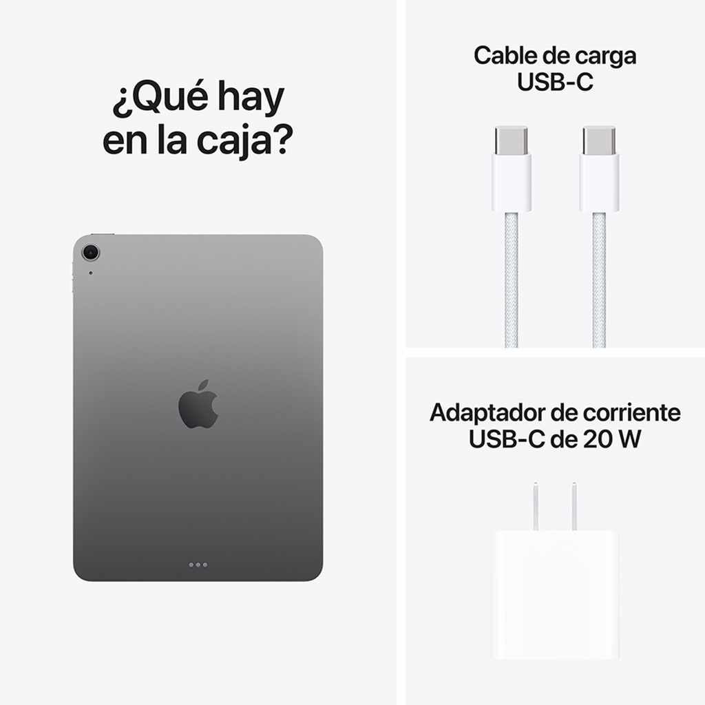 Imagen dividida en tres secciones. A la izquierda, vista trasera del iPad Air en color gris espacial. A la derecha, se muestra el contenido de la caja: cable de carga USB-C y adaptador de corriente USB-C de 20 W.
