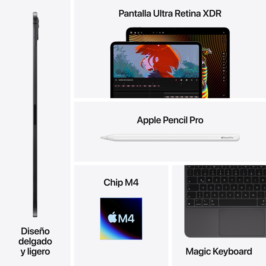 Composición de cinco paneles que destacan las características del iPad Pro de 11 pulgadas con chip M4.  Panel izquierdo central: El perfil delgado de un iPad Pro de color negro espacial, mostrando sus bordes planos y la ubicación de los botones laterales. Debajo se lee 'Diseño delgado y ligero'.  Panel superior central: La parte superior de la pantalla de un iPad Pro, mostrando una película animada con una figura de cabello naranja y un gráfico de reproducción. Arriba se lee 'Pantalla Ultra Retina XDR'.  Panel central: Un Apple Pencil Pro blanco, con una ligera sombra debajo, mostrando su diseño elegante y alargado. Debajo se lee 'Apple Pencil Pro'.  Panel inferior central: Un chip estilizado de color negro con el logotipo de Apple y el texto 'M4' en blanco, sobre un fondo con un efecto de luz iridiscente. Debajo se lee 'Chip M4'.  Panel inferior derecho: Un primer plano del Magic Keyboard negro, mostrando las teclas retroiluminadas y el trackpad integrado. Debajo se lee 'Magic Keyboard'.