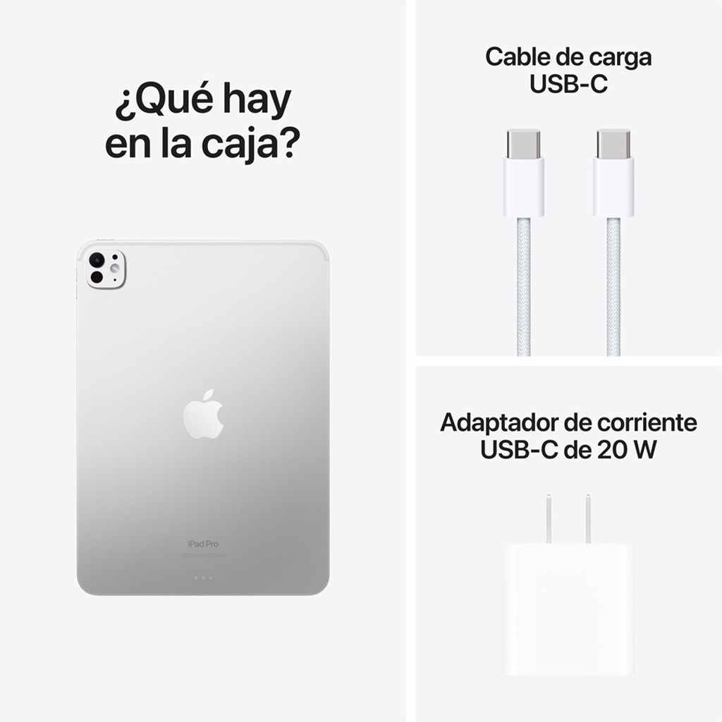 Composición de tres paneles que muestran el contenido de la caja del iPad Pro de 11 pulgadas.  Panel superior izquierdo: La parte trasera de un iPad Pro de 11 pulgadas de color plata, con el logotipo de Apple en el centro y la palabra 'iPad Pro' debajo. Arriba se lee '¿Qué hay en la caja?'.  Panel superior derecho: Un cable de carga USB-C blanco con un conector USB-C en cada extremo, mostrando la textura trenzada del cable y las puntas metálicas de los conectores. Arriba se lee 'Cable de carga USB-C'.  Panel inferior derecho: Un adaptador de corriente USB-C blanco, rectangular y compacto, con dos clavijas. Abajo se lee 'Adaptador de corriente USB-C de 20 W'.