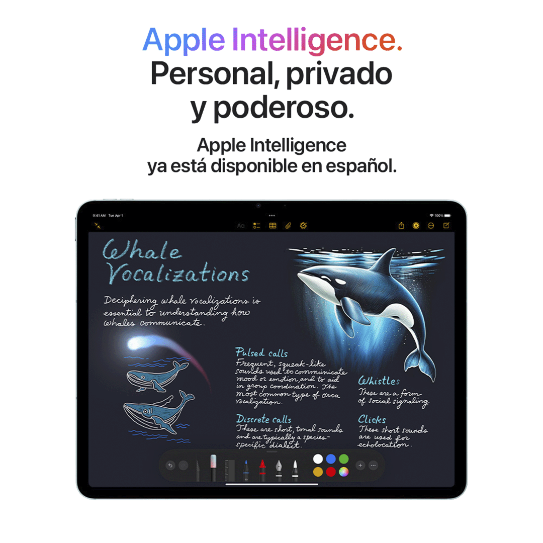 iPad Air en posición horizontal mostrando una nota escrita a mano sobre vocalizaciones de ballenas, con ilustraciones y el texto “Apple Intelligence. Personal, privado y poderoso. Apple Intelligence ya está disponible en español”.