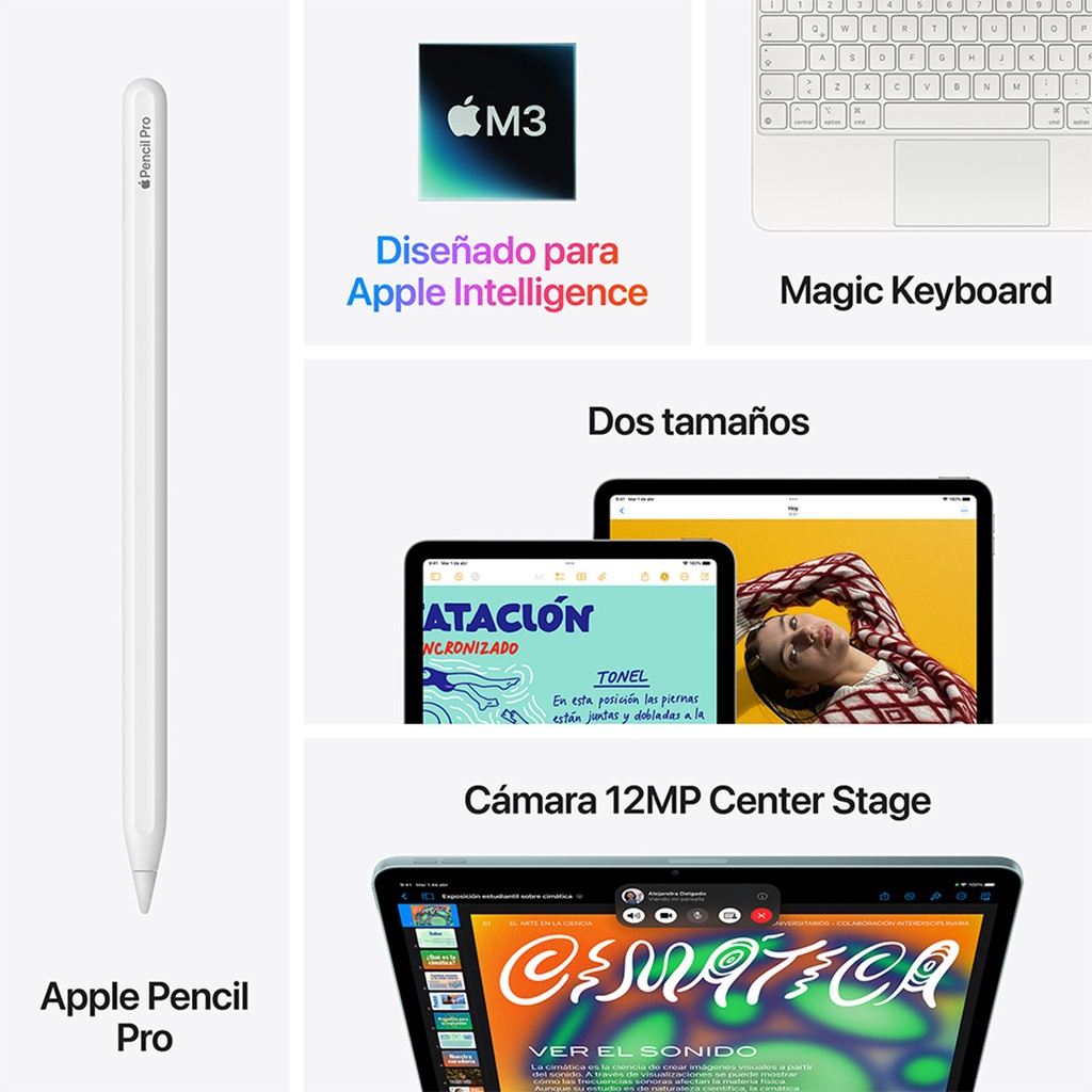 Composición gráfica con el Apple Pencil Pro, el chip M3, el Magic Keyboard, dos tamaños de iPad Air en pantalla y una videollamada en curso con la cámara de 12 MP con Center Stage.