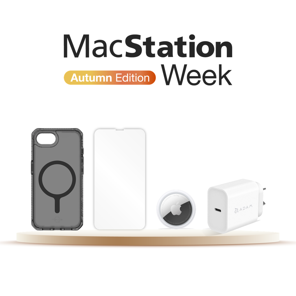 Starter Pack para iPhone 16e: Funda (AP7R-HBVAR-SMOK) + Vidrio Protector (APS4-SUGLS-TRSP) + AirTag | x1 (MX532BE/A) + Cargador USB-C OMNIA X20 de 20 W de Adam Elements (APAADX20ARWH)