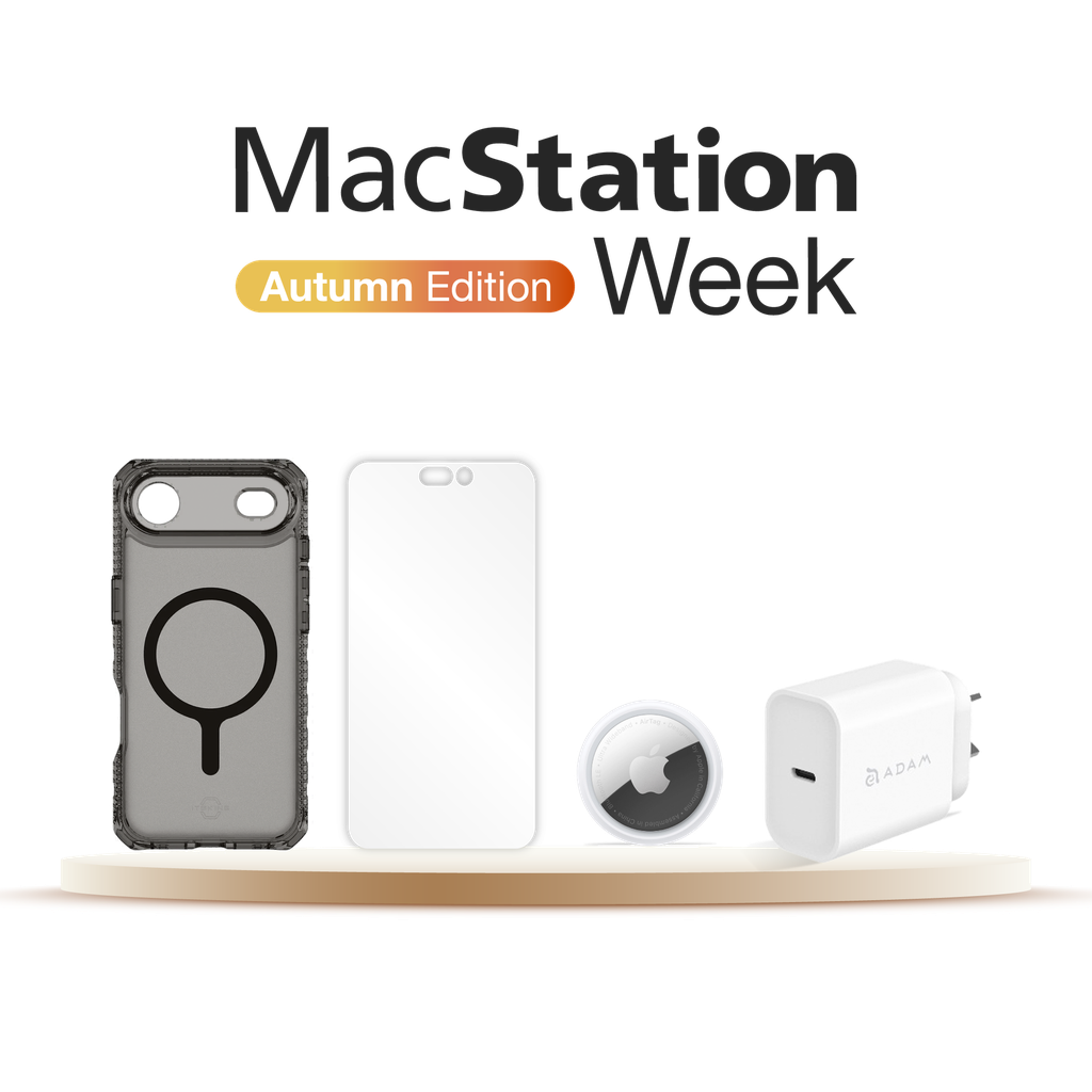 Starter Pack para iPhone Air: Funda (APS4-HBVAR-SMOK) + Vidrio Protector (P7R-SUGLS-TRSP) + AirTag | x1 (MX532BE/A) + Cargador USB-C OMNIA X20 de 20 W de Adam Elements (APAADX20ARWH)