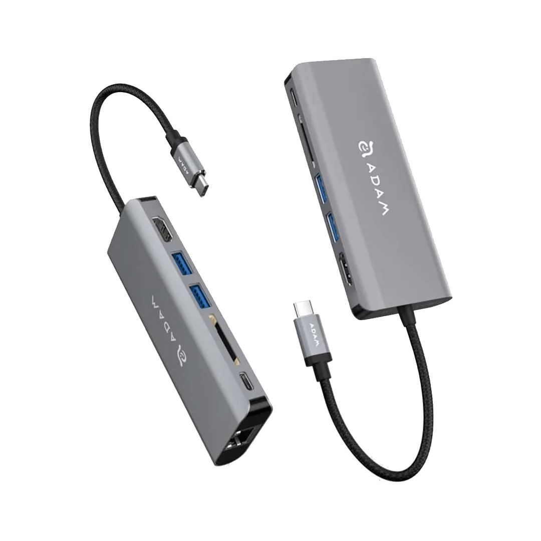 Adaptador 6-en-1 CASA Hub A01 de USB-C a HDMI/Ethernet/2 USB-A/USB-C/Lector de tarjeta SD de Adam Elements - Gris espacial