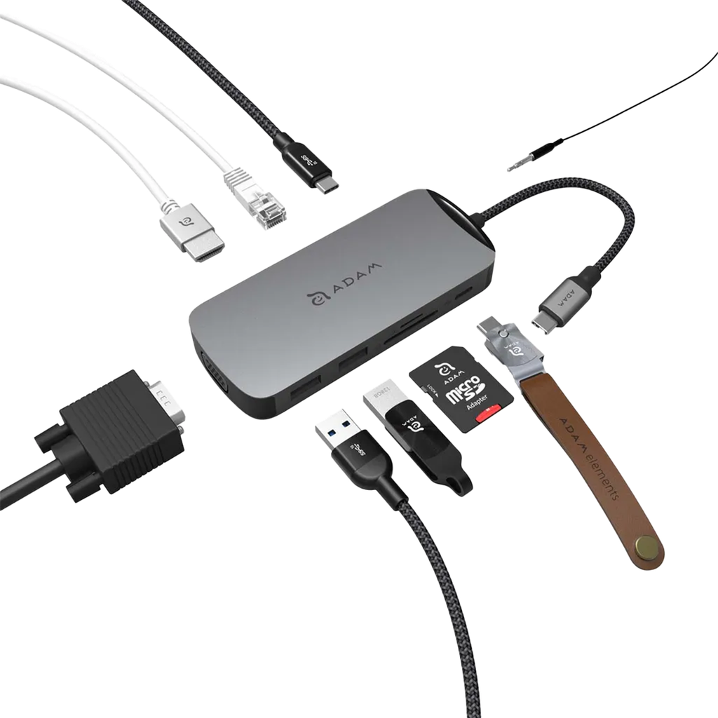Adaptador 10-en-1 CASA Hub X de USB-C a HDMI/VGA/Ethernet/USB-A/USB-C/Lector de tarjeta SD/microSD de Adam Elements - Gris espacial