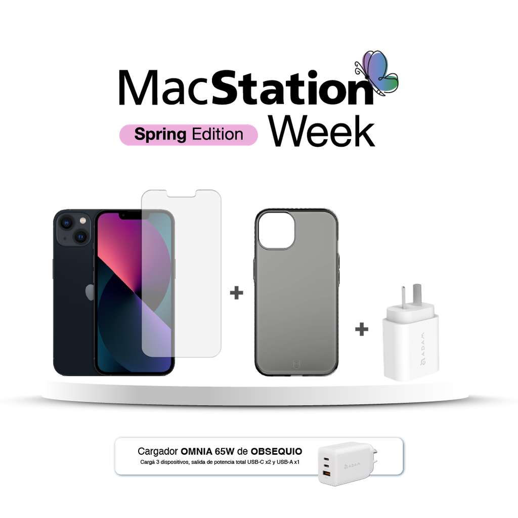 iPhone 13 128GB (MLPF3LZ/A) con Funda, Vidrio y Cargador 20W + Cargador Adam Elements X65